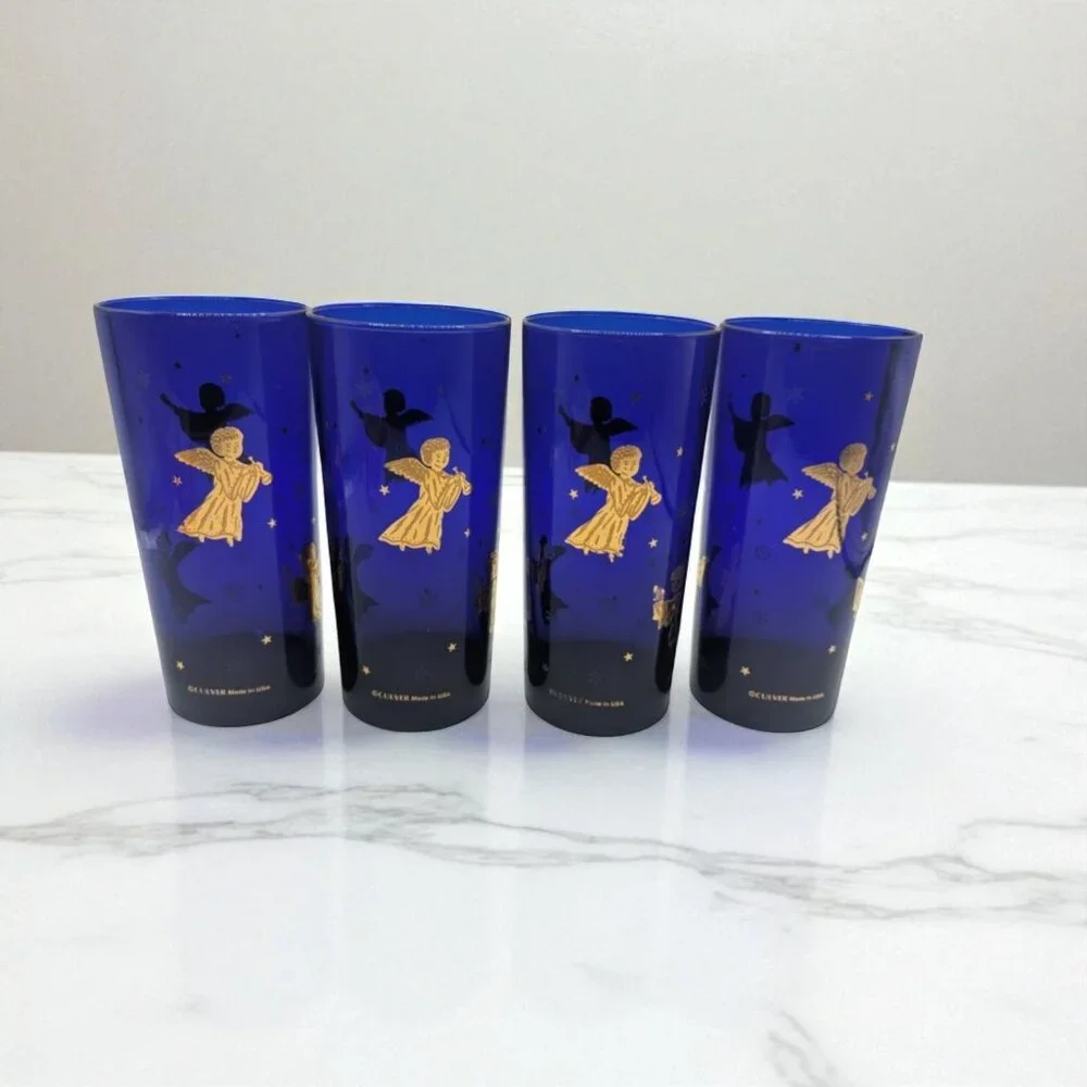VTG Set 4 Cobalt Blue Cherub Culver Drinking Glass Tom Collins Barware 22K Gold